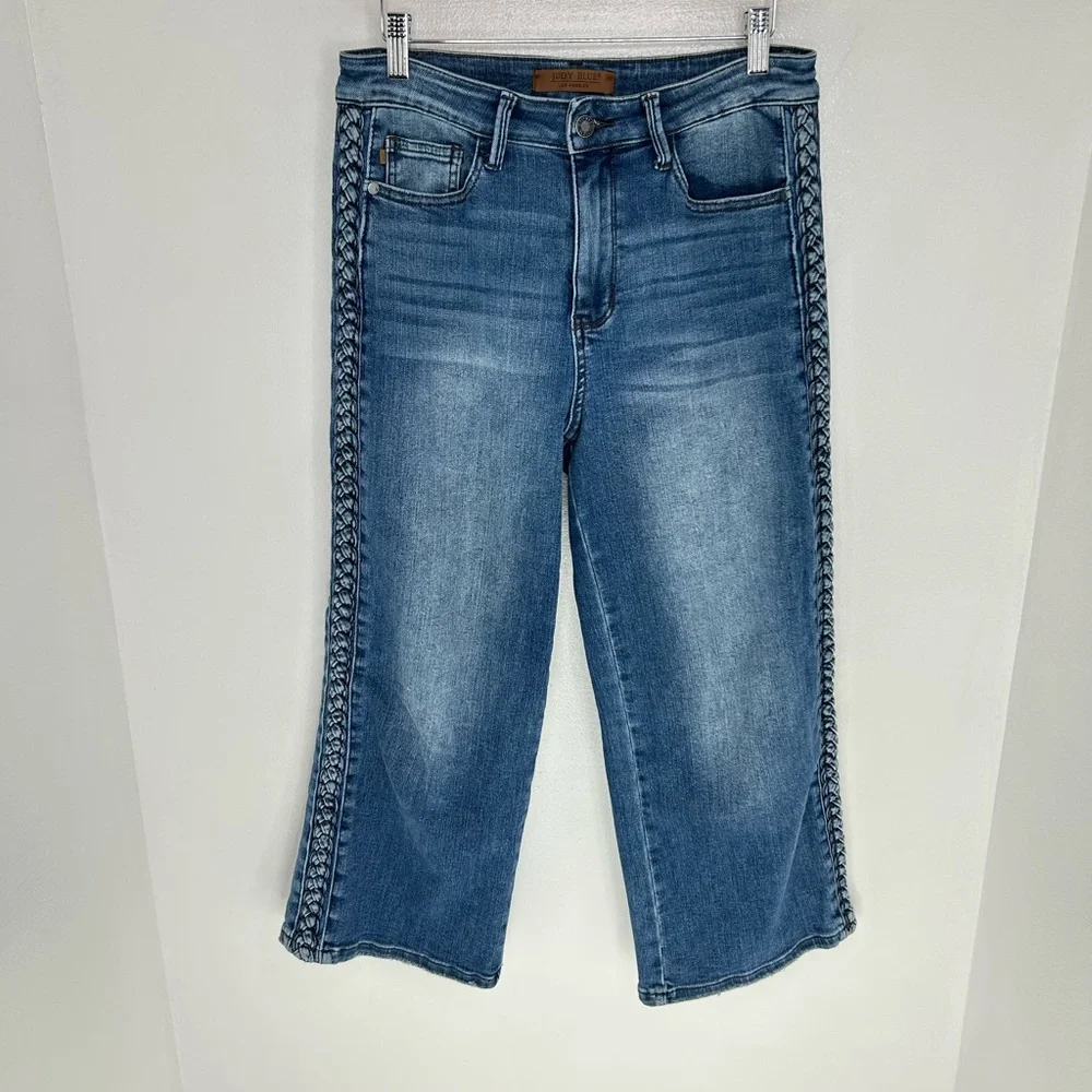 Judy Blue Wide Leg Crop Jeans Women’s 7/28 Medium Wash Braided Side 30x23.5 - Picture 2 of 14